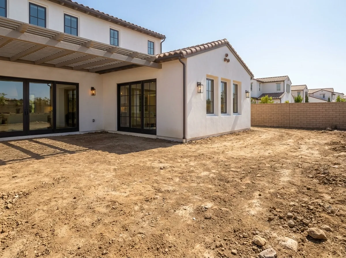 San Diego backyard before remodel — bare dirt yard with new construction home
