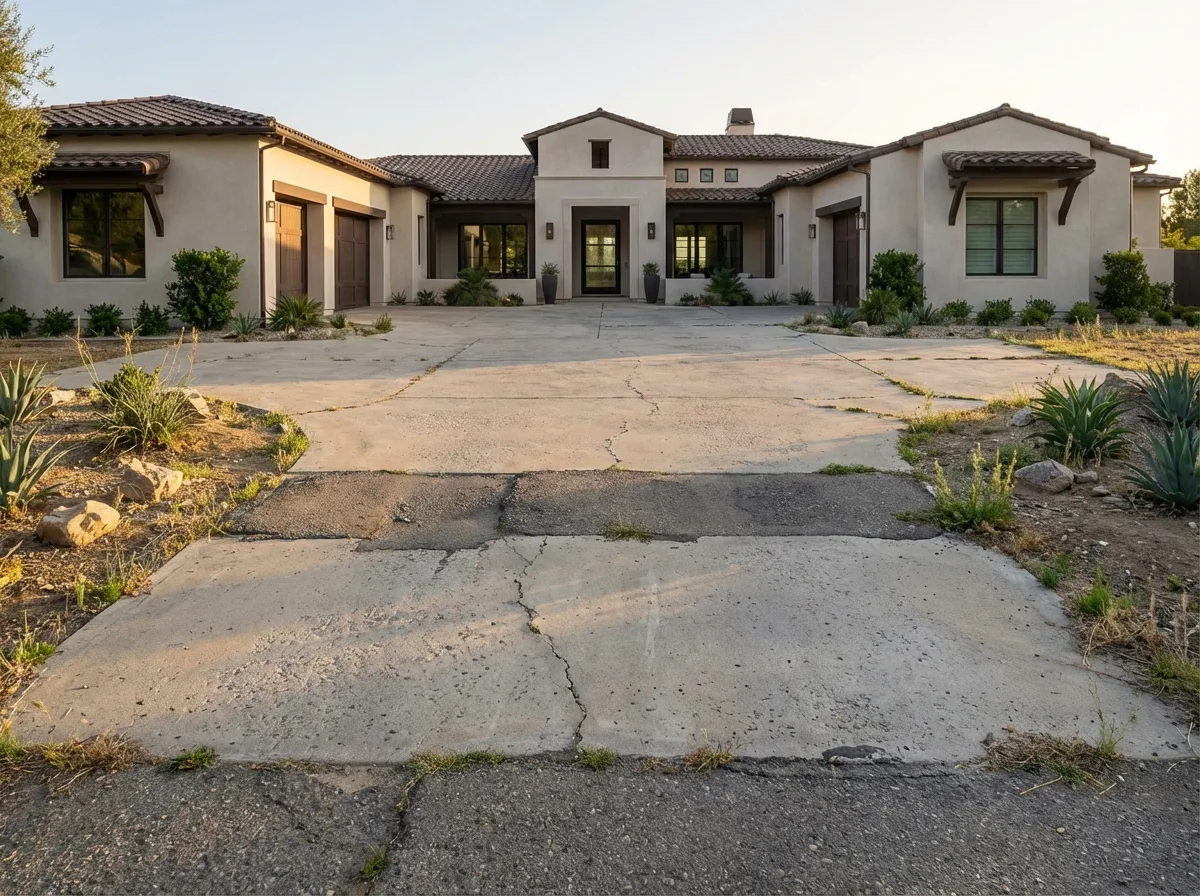 San Diego Mediterranean home before — cracked concrete driveway with minimal landscaping