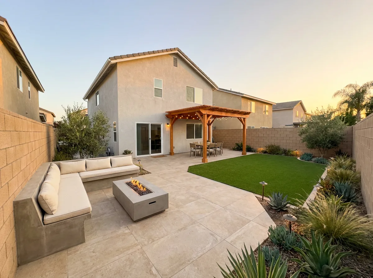 Carmel Valley paver patio with pergola, fire pit lounge and turf at sunset — San Diego backyard remodel