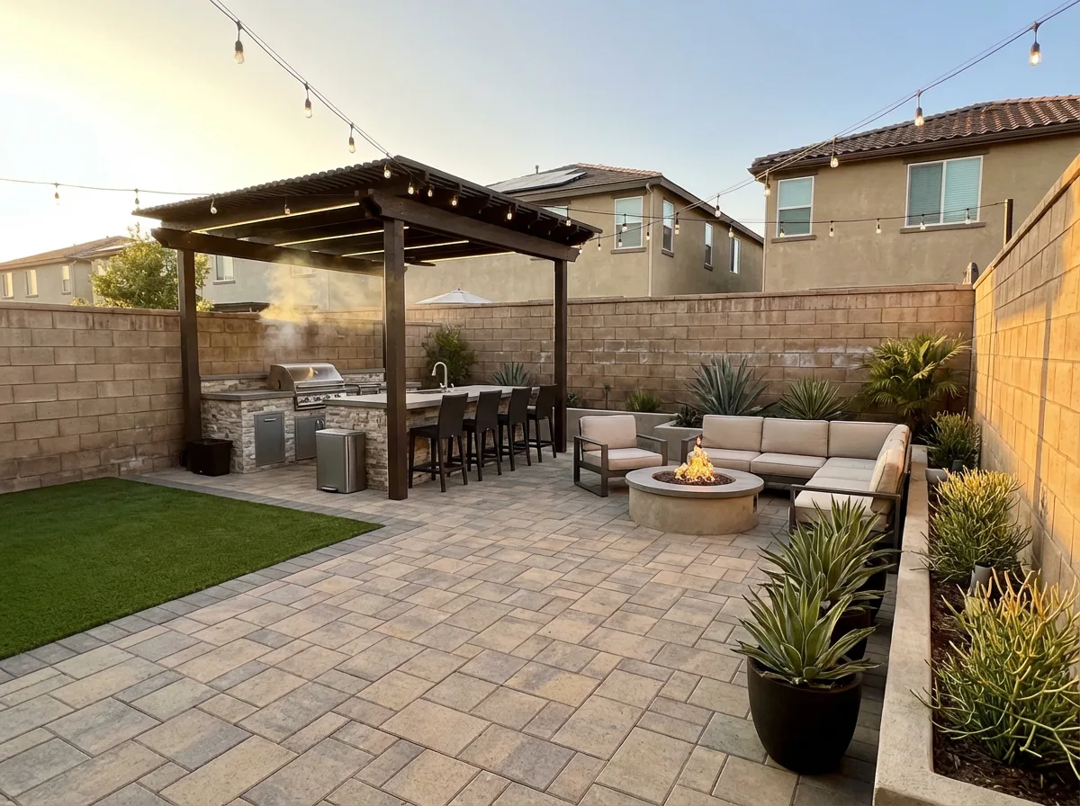 Eastlake backyard with pergola, string lights, outdoor kitchen, fire pit and curved seating at dusk — San Diego
