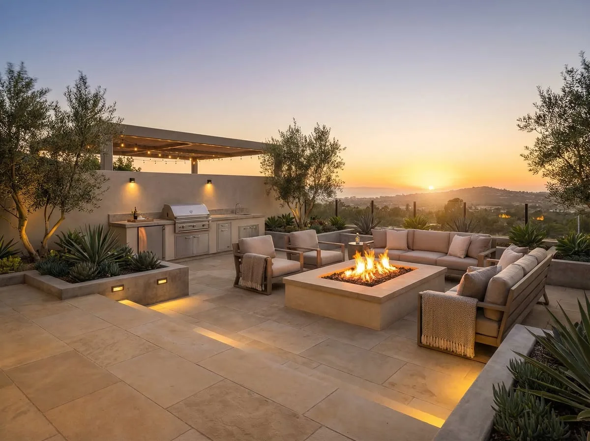 Backyard fire pit lounge at sunset — San Diego outdoor remodel