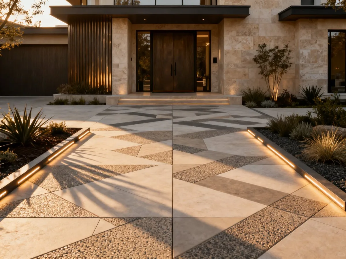 Luxury front entry with geometric pavers and uplighting — San Diego