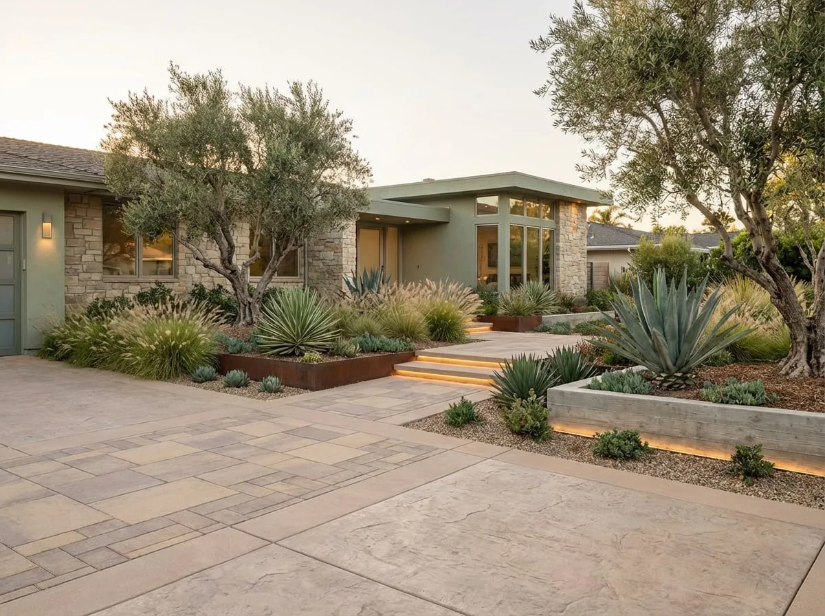 Front yard concrete driveway with olive trees and drought-tolerant landscaping — San Diego
