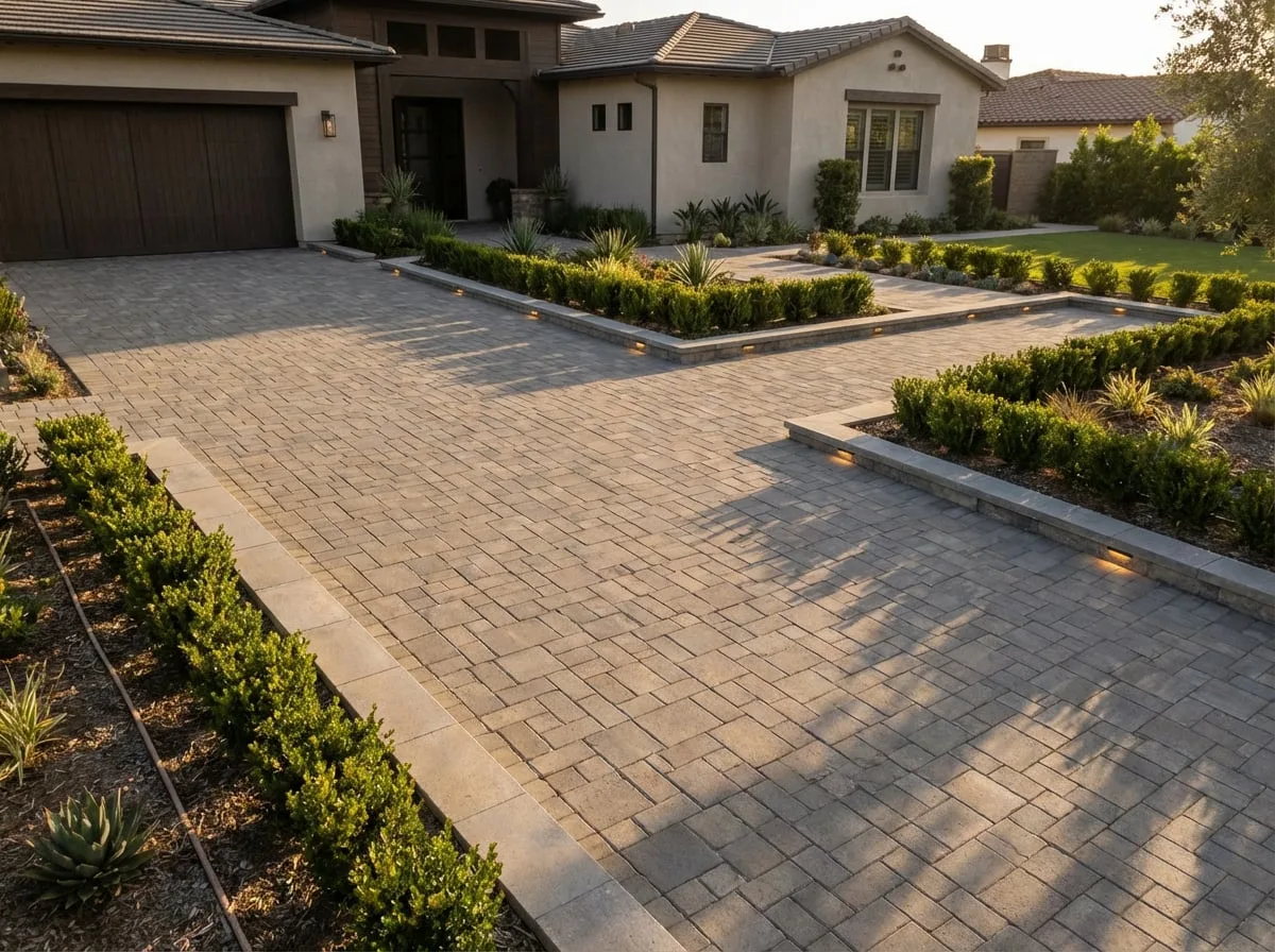 Front yard paver driveway with manicured formal hedges — San Diego