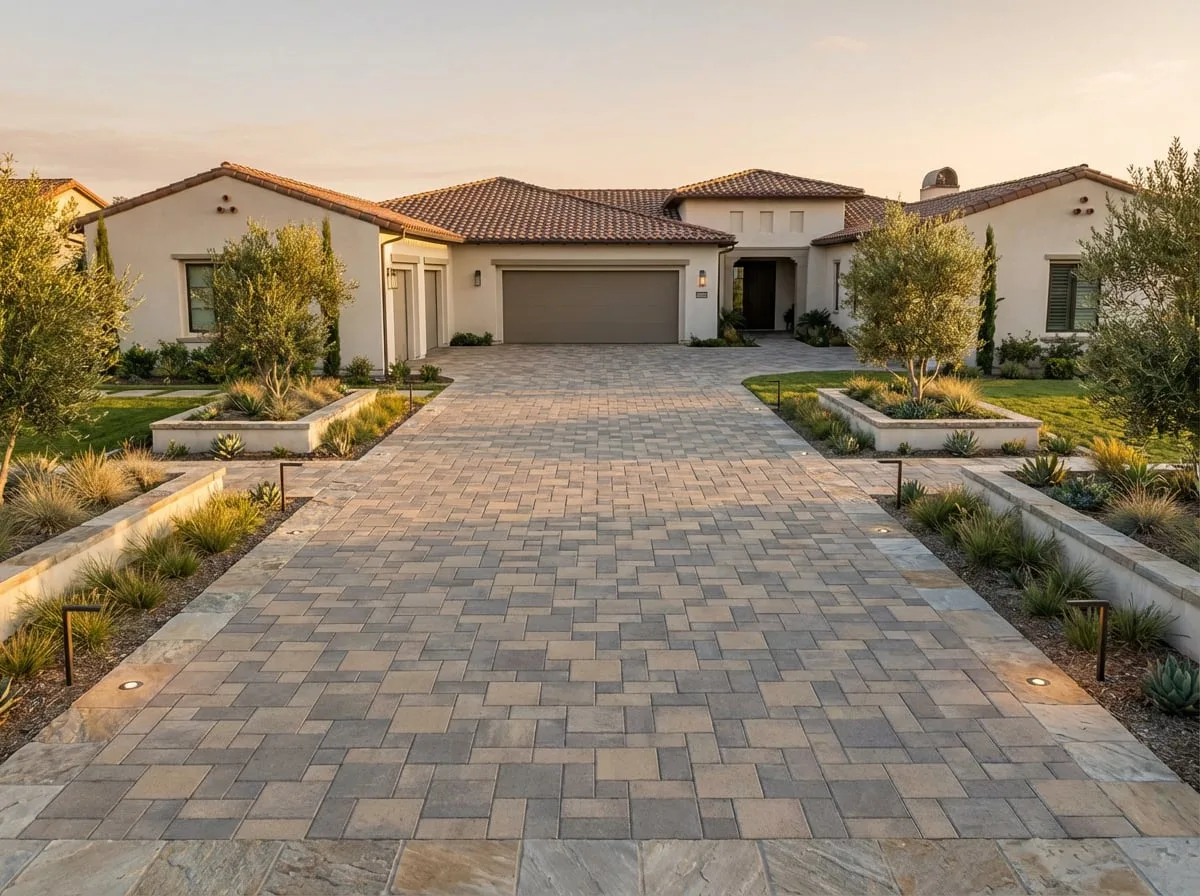 Front yard paver driveway with symmetrical Mediterranean landscaping — San Diego