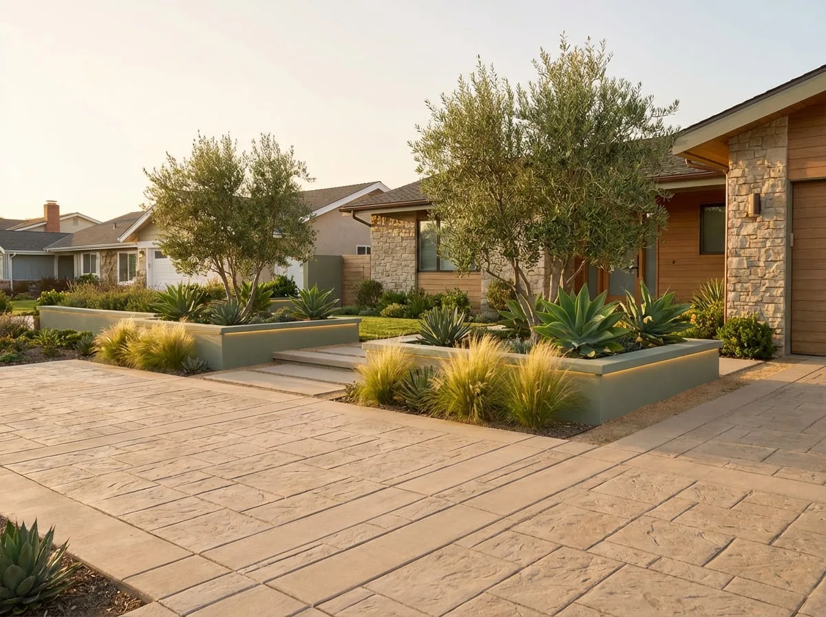 Front yard hardscape with raised planters and olive trees — coastal San Diego