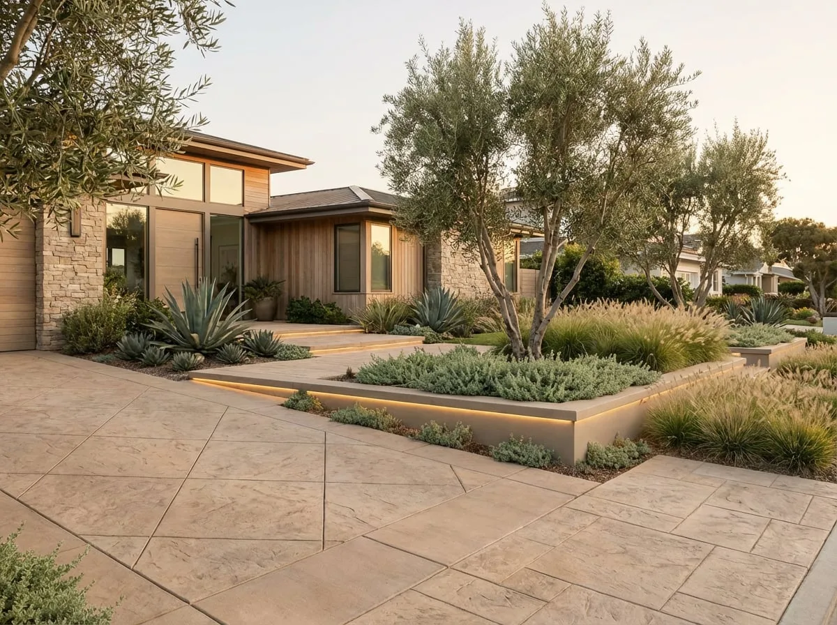 Modern front yard stamped concrete with drought-tolerant landscaping — San Diego