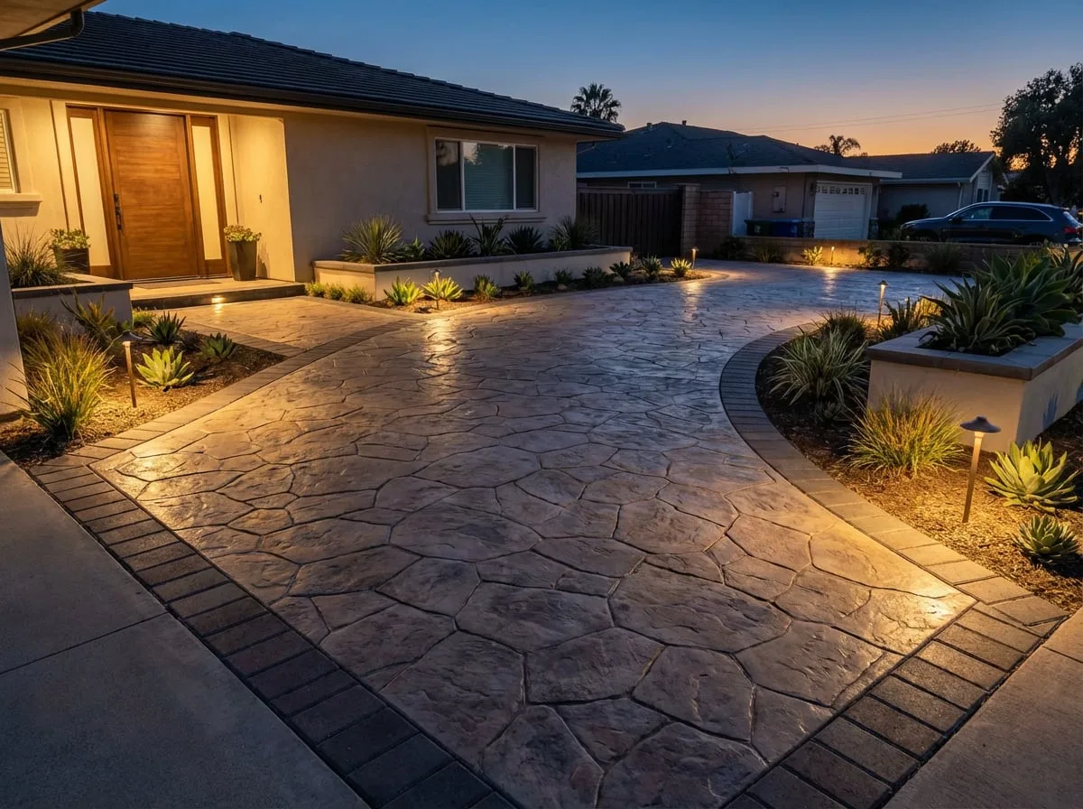 Front yard stamped concrete driveway with landscape lighting — San Diego