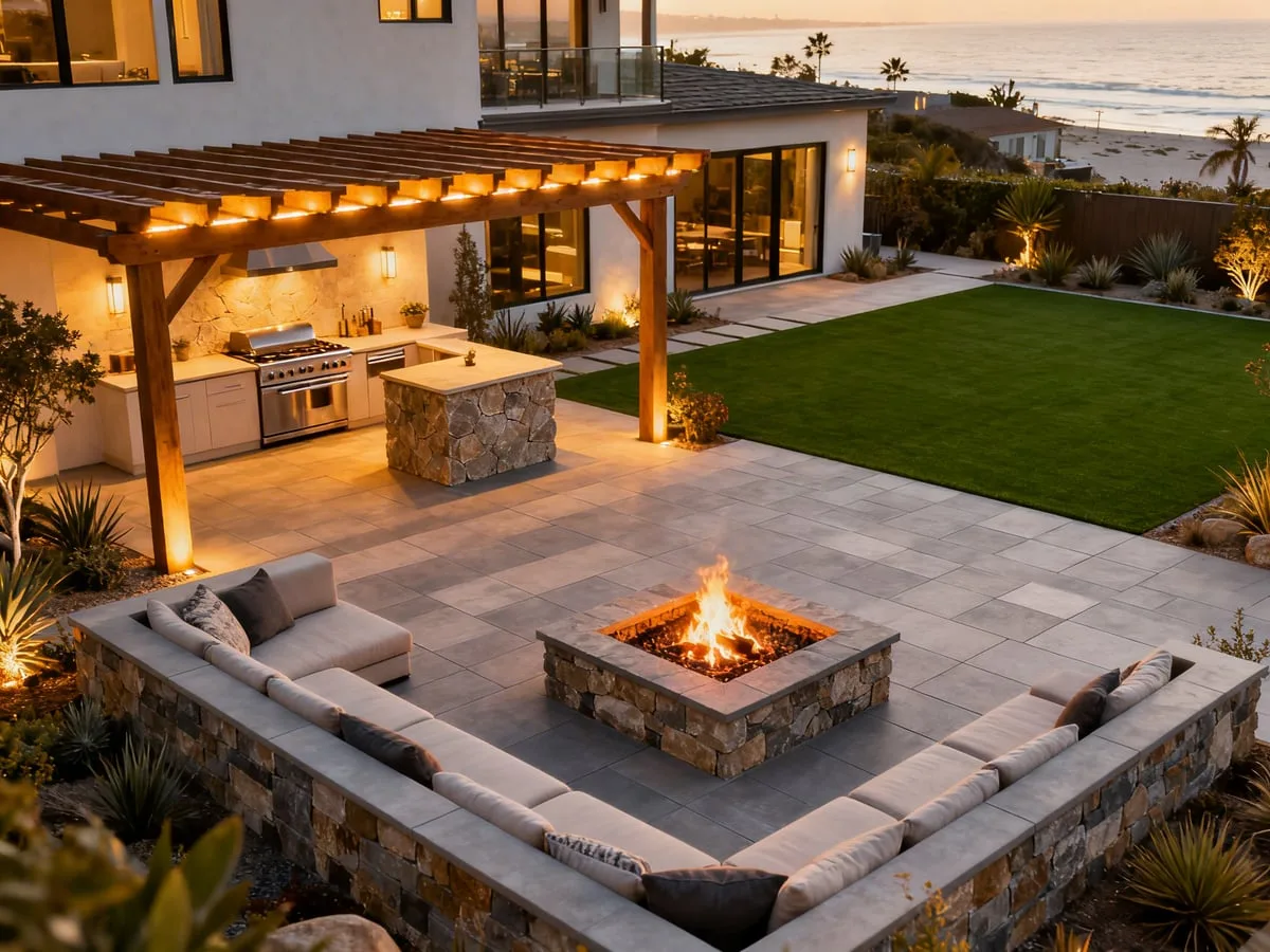 Luxury coastal outdoor kitchen with fire pit and pergola — San Diego