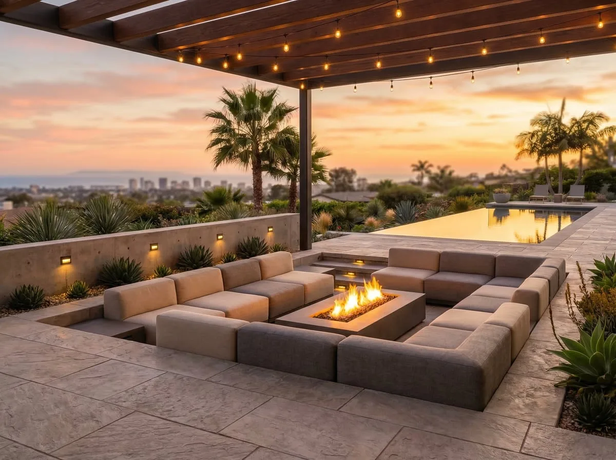 Luxury sunken fire pit backyard — San Diego landscape remodeling