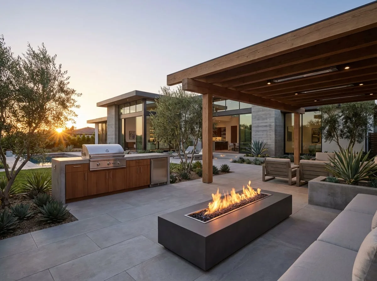 Modern linear fire pit with pergola — San Diego backyard remodel