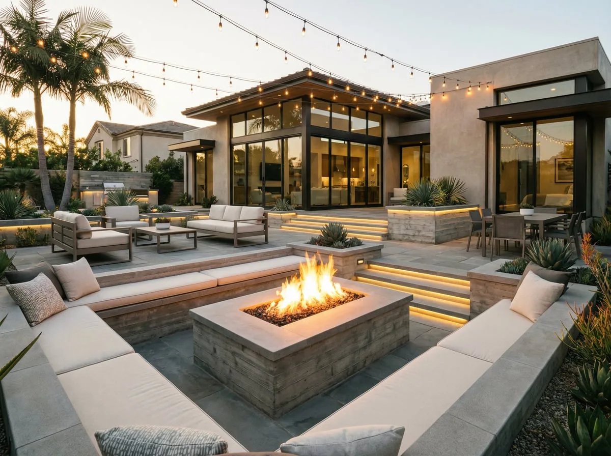 Modern sunken fire pit lounge with palm trees — San Diego