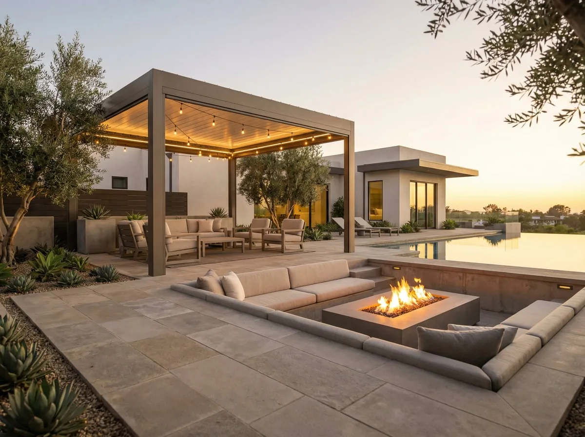 Sunken fire pit with pergola and pool — San Diego backyard remodel