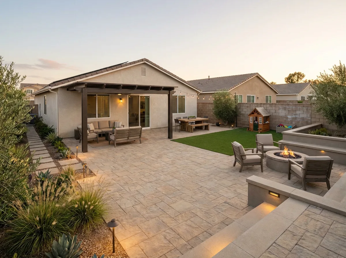 Otay Ranch backyard paver patio with pergola, fire pit lounge and turf in the evening — San Diego