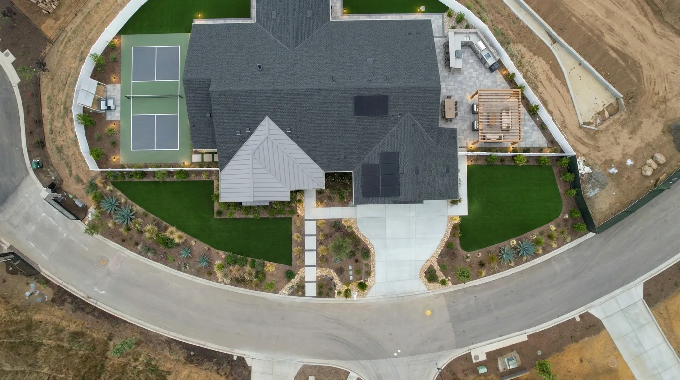 San Diego backyard after full remodel — aerial drone view with turf and landscaping
