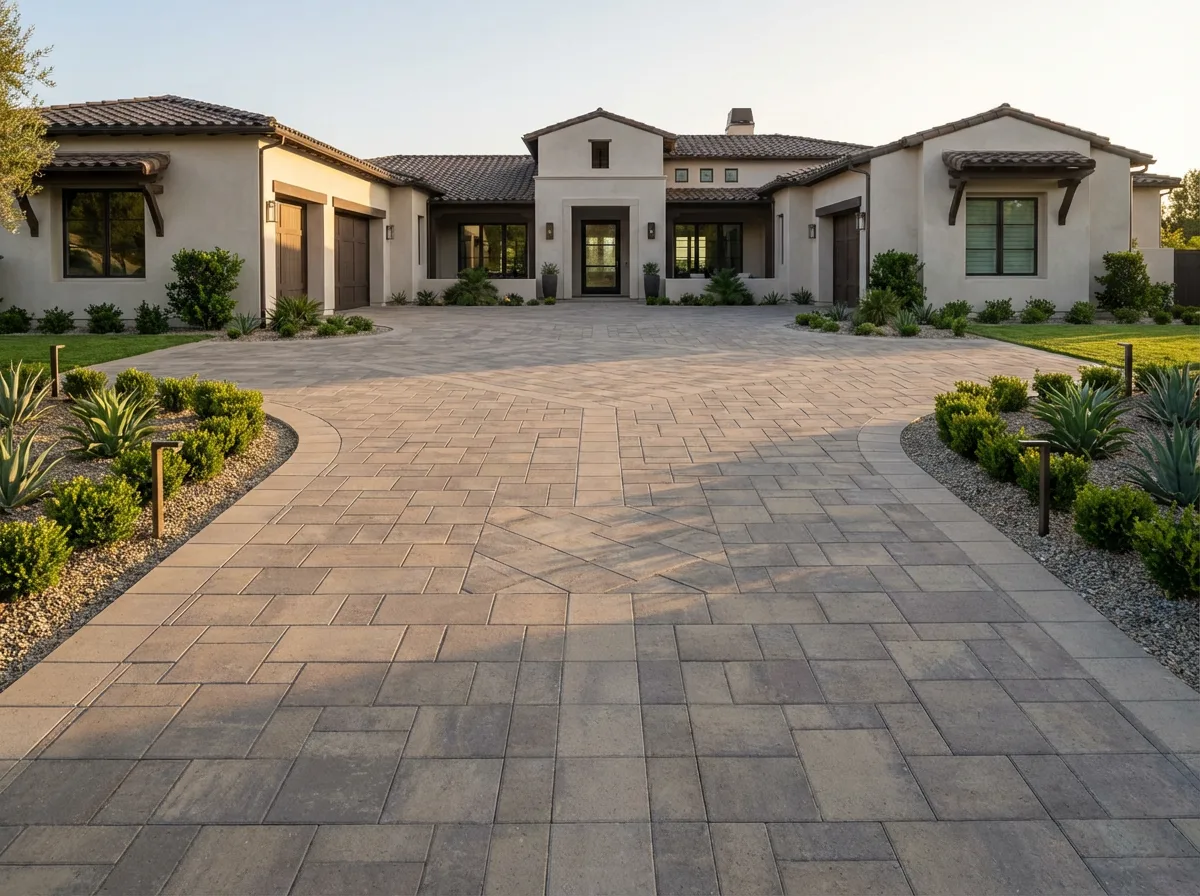 San Diego Mediterranean home after — wide paver driveway with formal symmetrical landscaping