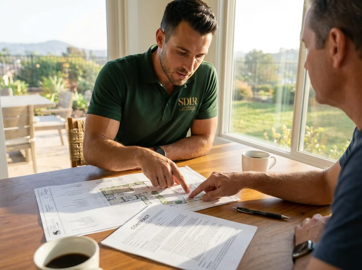 First consultation — contractor reviewing plans with client — San Diego Landscape Remodeling